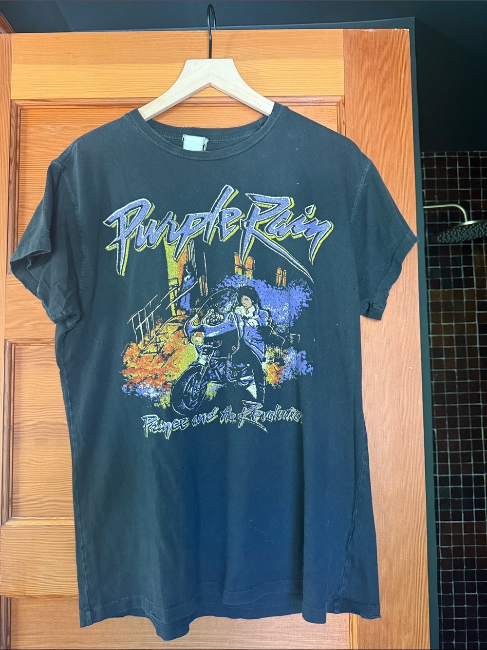 MadeWorn Black 'Purple Rain' Graphic Tee with Purple & Yellow Artwork glitter